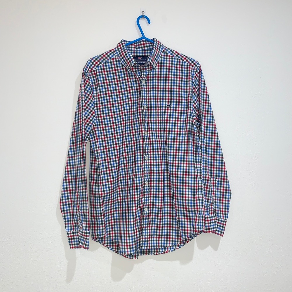 Vineyard vines plaid check blue red green Tucker slim fit cotton shirt ‎ small